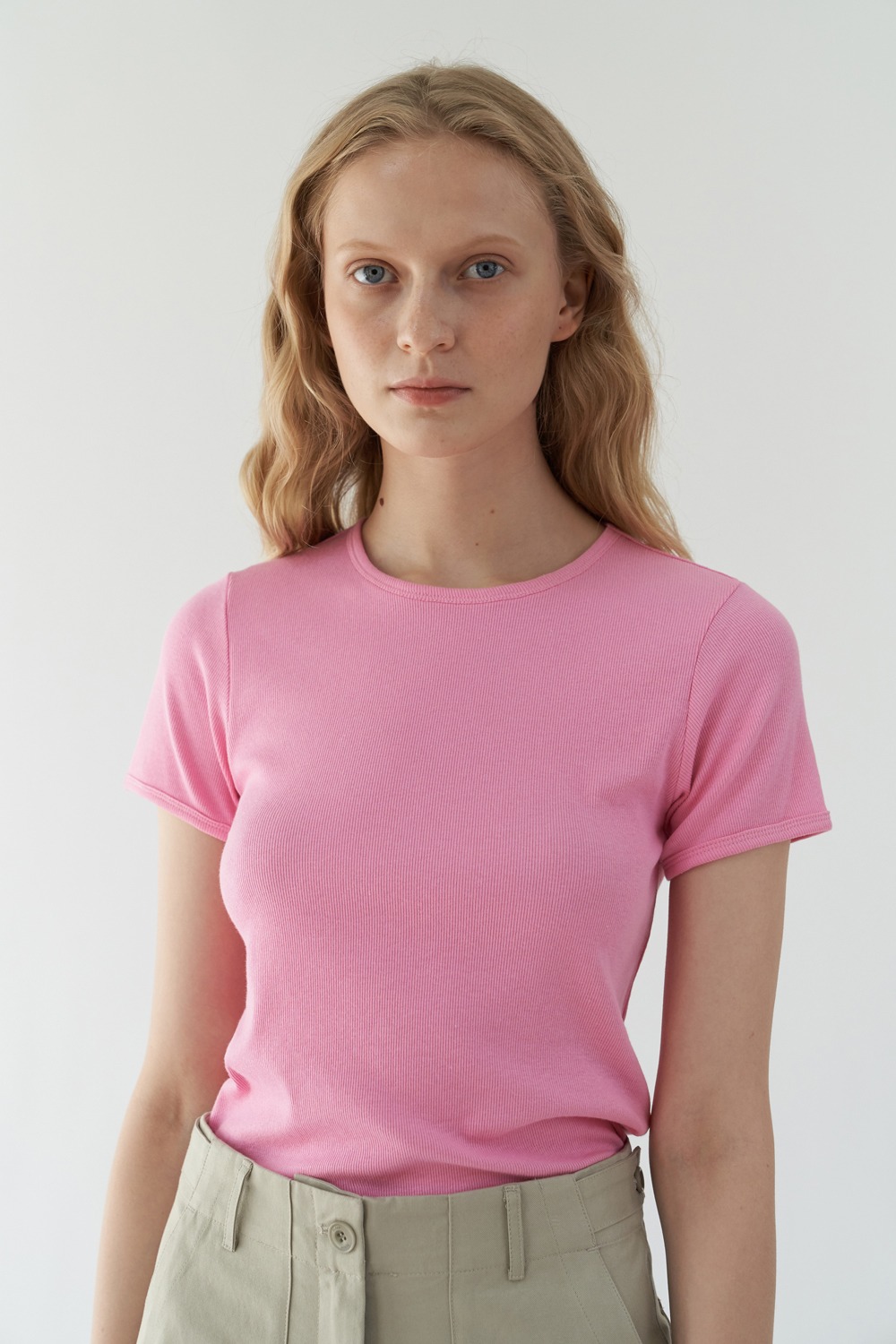 [-15%] Ribbed Slim T-Shirt ( Rose pink )