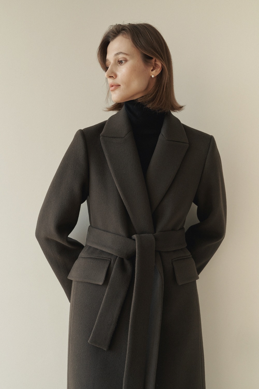 CLASSIC BELTED WOOL COAT - ASH BROWN