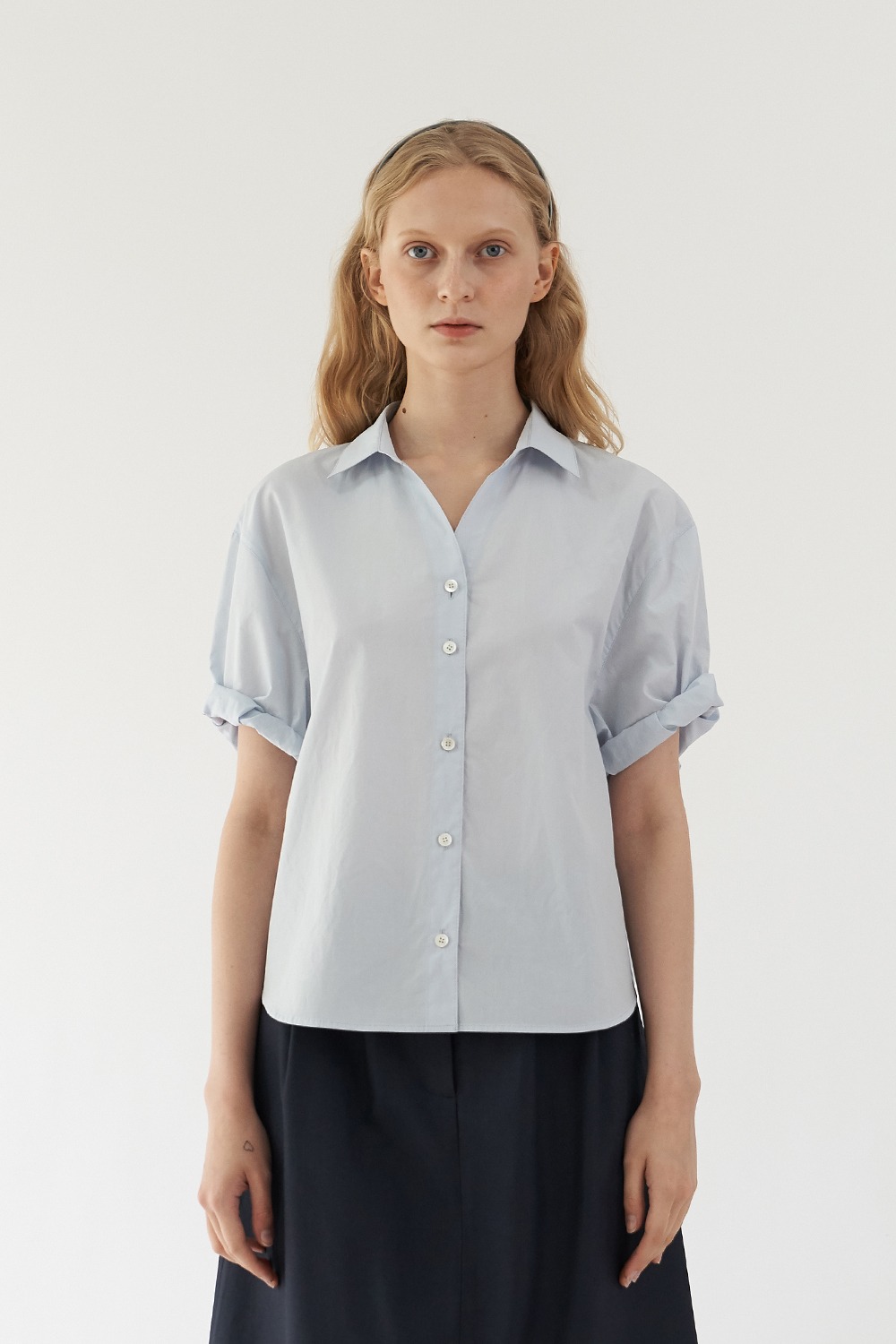 Roll-up cotton shirt ( Cloudy blue )